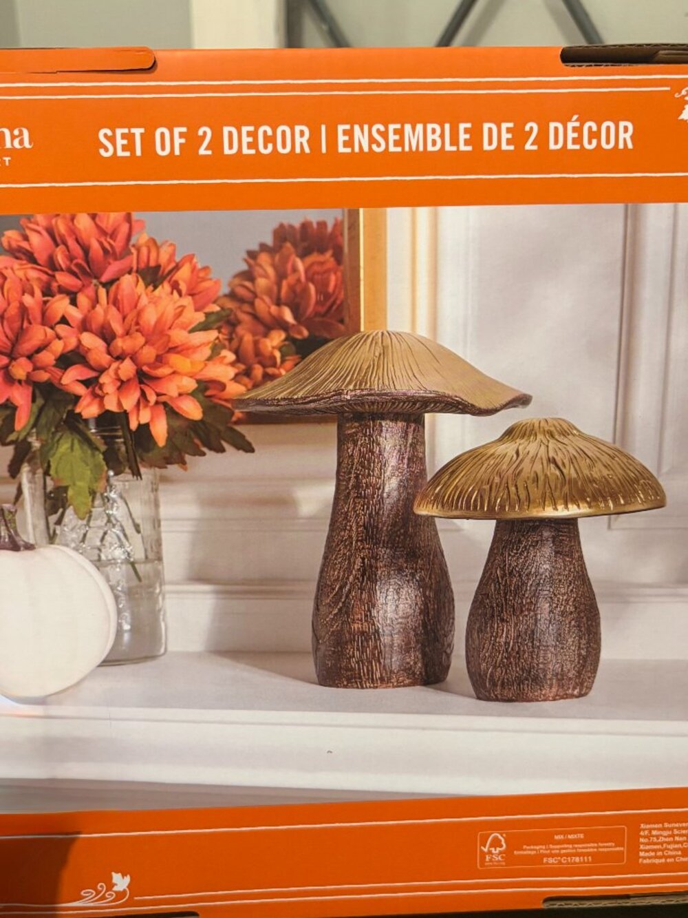 Martha Stewart Mushroom Decor set of 2 Fall Autumn Gold Metallic htf